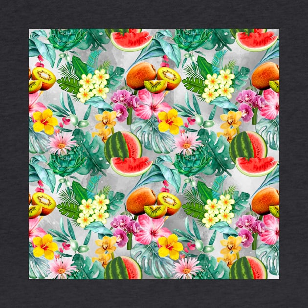 Vibrant tropical leaves pattern, watermelon illustration, tropical plants, grey colorful tropical fruits by Zeinab taha